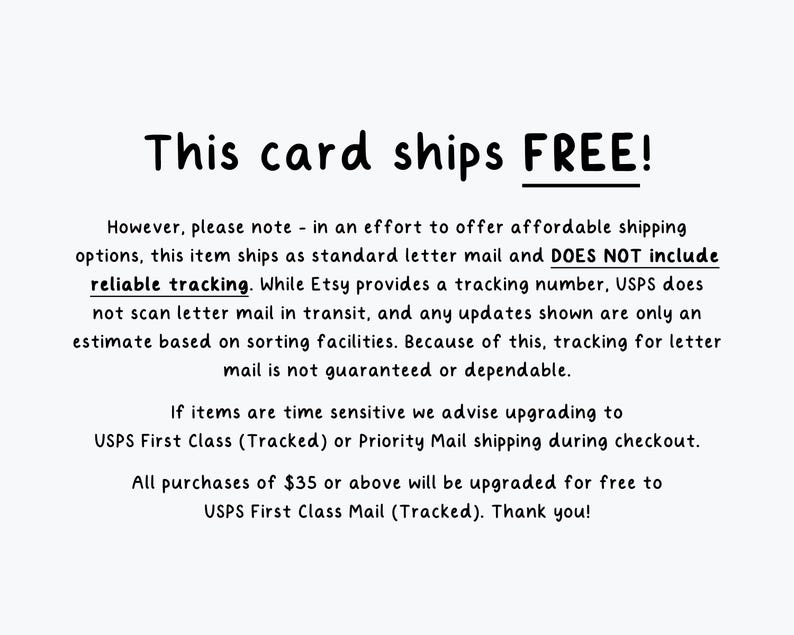 May include: White card with black text that reads "This card ships FREE!". Additional text explains shipping details, including standard letter mail and tracking information. The card is designed to inform customers about shipping options.