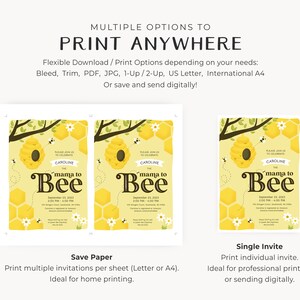 May include: A printable invitation for a baby shower with a bee theme. The invitation features a yellow honeycomb pattern, a beehive, and the text "mama to bee".