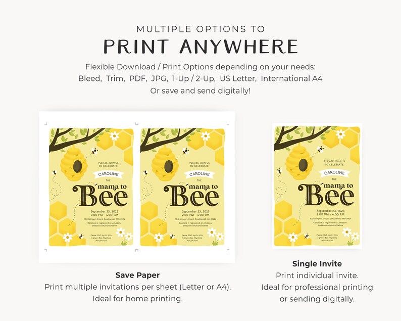May include: A printable invitation for a baby shower with a bee theme. The invitation features a yellow honeycomb pattern, a beehive, and the text "mama to bee".