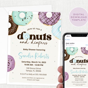Donuts and Diapers Baby Shower Invite, Baby Sprinkle Invitation, Boy, Blue, Printable, Editable Donut Instant Download Digital File, #KP008