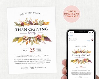 Thanksgiving Invitation, Thanksgiving Dinner Invite, Digital Invite, Editable Thanksgiving Invite, Template, Templett