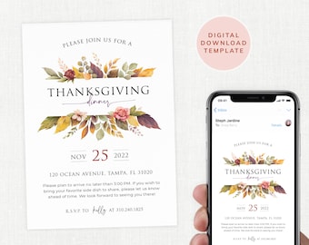 Thanksgiving-Einladung, Thanksgiving-Dinner-Einladung, digitale Einladung, bearbeitbare Thanksgiving-Einladung, Vorlage, Templett