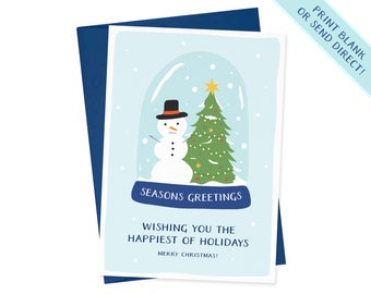 May include: A blue and white Christmas card with a snowman and a Christmas tree inside a snow globe. The card says "Seasons Greetings" and "Wishing you the happiest of holidays. Merry Christmas!"