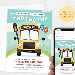 2 Year Old Birthday Yellow School Bus Invitation, Birthday Invites, Wheels on the Bus Party, Instant Download, Editable, Toddler #KP022
