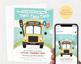 2 Year Old Birthday Yellow School Bus Invitation, Birthday Invites, Wheels on the Bus Party, Instant Download, Editable, Toddler #KP022