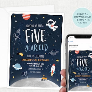 May include: A blue and white space-themed birthday invitation with a rocket, astronaut, planets, and stars. The text reads "Houston, we have a five year old! Help us celebrate Jackson's 5th birthday!" with the date, time, and location of the party.