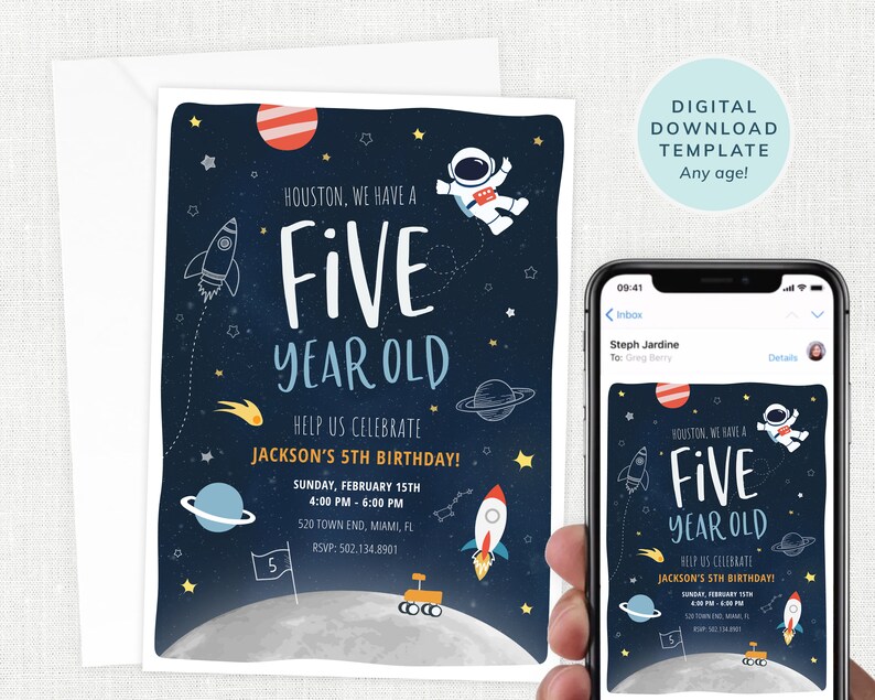 May include: A blue and white space-themed birthday invitation with a rocket, astronaut, planets, and stars. The text reads "Houston, we have a five year old! Help us celebrate Jackson's 5th birthday!" with the date, time, and location of the party.