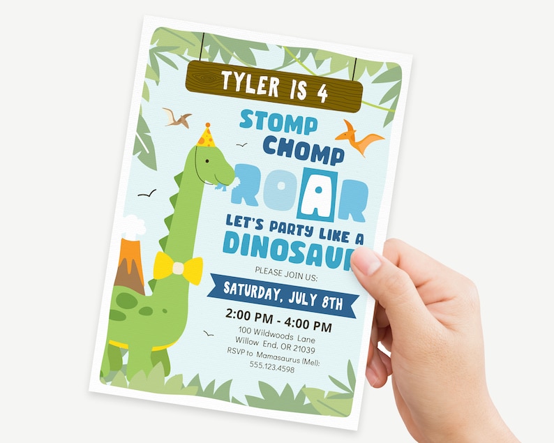 May include: A blue and green dinosaur birthday party invitation with the text "Tyler is 4" and "Stomp Chomp Roar Let's Party Like a Dinosaur". The invitation includes the date and time of the party, the address, and RSVP information.