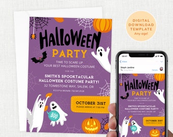 May include: Purple Halloween party invitation with a ghost, cat, and pumpkin. The text reads "Halloween Party" and "Time to scare up your best Halloween costume".
