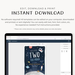 May include: A blue and white printable invitation for a child's second birthday party. The invitation features a cartoon astronaut and the text "We're going two the moon to celebrate Jackson's 2nd birthday!"