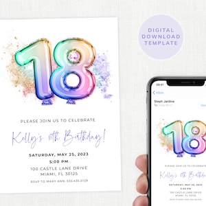 18th Birthday Invitation, Editable Template, 18 Birthday Invite, Birthday Balloon, Rainbow, Girl, Evite, Digital, Instant Download, #BBKP
