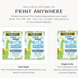 May include: Three printable invitations for a dinosaur-themed birthday party. The invitations feature a green dinosaur with a blue hat and bow tie, and the text "Tyler is 4 Stomp Chomp Roar Let's Party Like a Dinosaur".