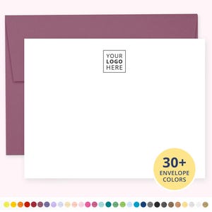 May include: A white stationery card with the text "YOUR LOGO HERE" in a black square, placed on top of a mauve envelope. A yellow circle with the text "30+ ENVELOPE COLORS" is in the bottom right corner. A color palette of envelope colors is shown below.
