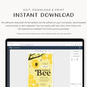 May include: A printable baby shower invitation with a bee theme. The invitation features a yellow and brown beehive with a bee flying around it. The text on the invitation reads "Please join us to celebrate Caroline, the mama to bee".