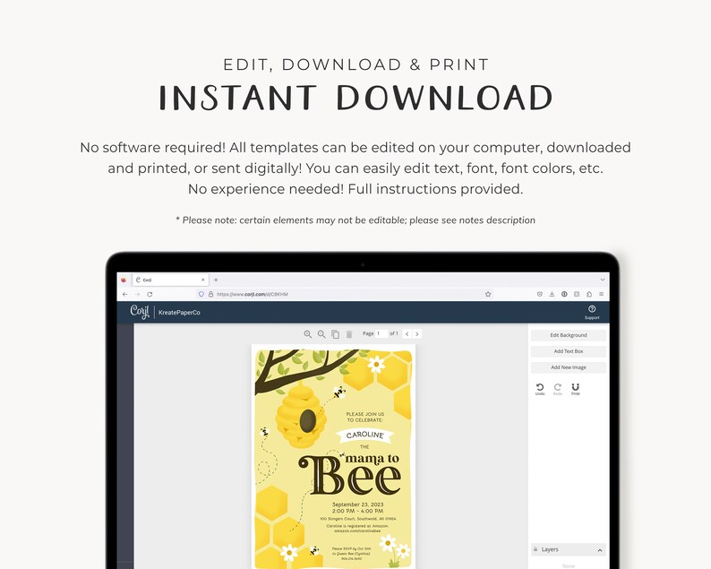 May include: A printable baby shower invitation with a bee theme. The invitation features a yellow and brown beehive with a bee flying around it. The text on the invitation reads "Please join us to celebrate Caroline, the mama to bee".