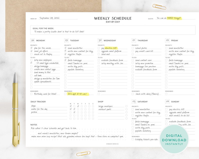 May include: A weekly schedule planner with a yellow sticky note that says "Dr's appt 10 am!" and a daily tracker with checkboxes for each day of the week. The planner is designed for a busy person who wants to stay organized and on top of their tasks. The planner includes sections for goals, priorities, to-dos, and reminders. It also includes a shop section for listing items to buy.