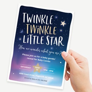 Zaproszenie na ujawnienie płci dziecka Twinkle Twinkle Little Star Party Invite Template, On lub Ona, Chłopiec lub Dziewczynka, Natychmiastowe pobranie pliku cyfrowego, #KP034 zdjęcie 5