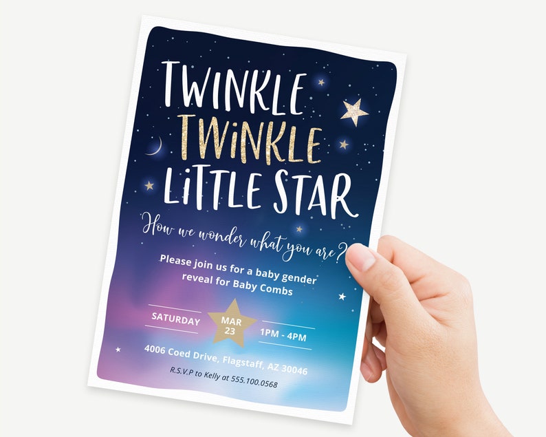 Zaproszenie na ujawnienie płci dziecka Twinkle Twinkle Little Star Party Invite Template, On lub Ona, Chłopiec lub Dziewczynka, Natychmiastowe pobranie pliku cyfrowego, #KP034 zdjęcie 5