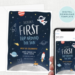 Space Birthday Party Invitation - First Trip Around the Sun, First Birthday
