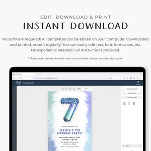 7th Birthday Invitation Girl, Mermaid, Glitter Balloon, Editable ...