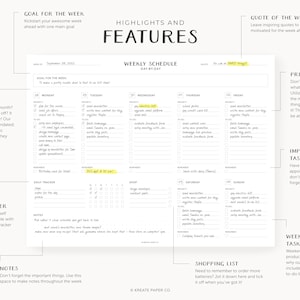 May include: A weekly planner with a black and white design. The planner has sections for goals, highlights, quotes, daily tasks, notes, shopping lists, and weekend tasks. The planner is undated and has a grid layout.