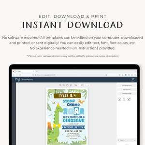 May include: A blue and green dinosaur birthday party invitation template with the text "Tyler is 4" and "Stomp Chomp Roar Let's Party Like a Dinosaur". The invitation also includes the date and time of the party.