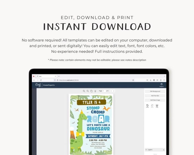 May include: A blue and green dinosaur birthday party invitation template with the text "Tyler is 4" and "Stomp Chomp Roar Let's Party Like a Dinosaur". The invitation also includes the date and time of the party.