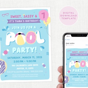 Donuts and Pool Party Invitation Instant Download, Pool Party Birthday Invite Sweet Sassy Editable Printable Digital Invite Instant Download
