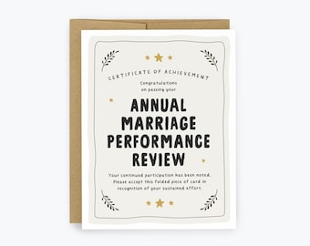 Funny Anniversary Card, Annual Marriage Performance Review, To Husband, Wife, Wedding Anniversary, Certificate Award, Snarky, Funny, Witty