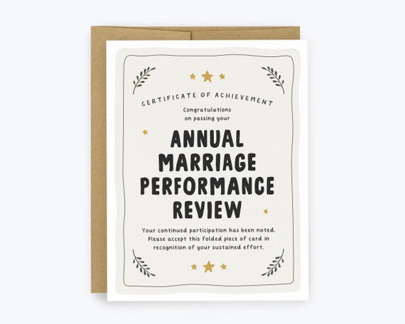 Funny Anniversary Card, Annual Marriage Performance Review, To Husband, Wife, Wedding Anniversary, Certificate Award, Snarky, Funny, Witty
