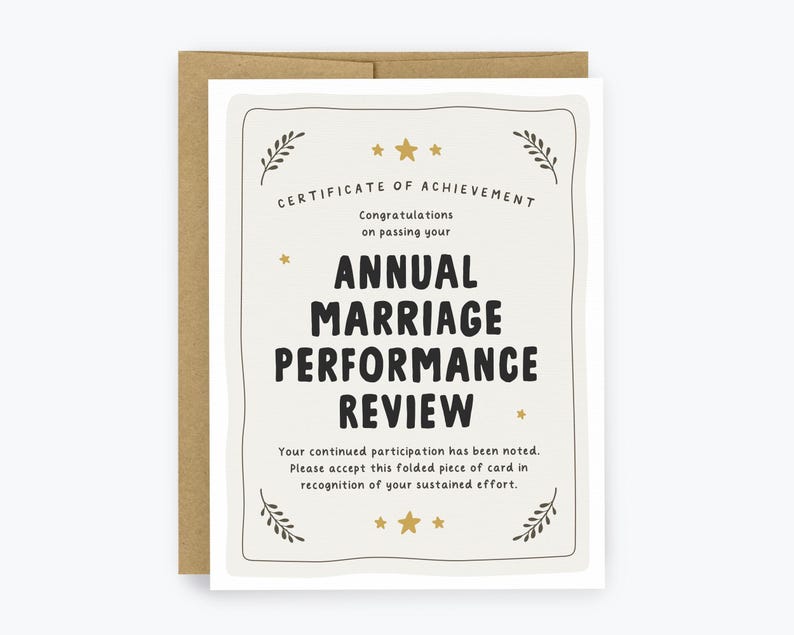 Funny Anniversary Card, Annual Marriage Performance Review, To Husband, Wife, Wedding Anniversary, Certificate Award, Snarky, Funny, Witty image 1