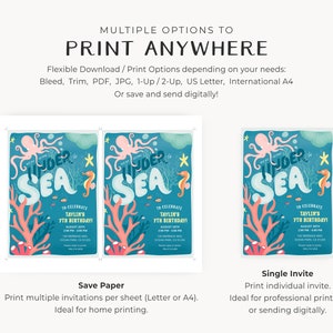 May include: Printable invitation for a 7th birthday party with an under the sea theme. The invitation features an octopus, seahorse, coral, and starfish. The text on the invitation reads "To Celebrate Taylin's 7th Birthday!"