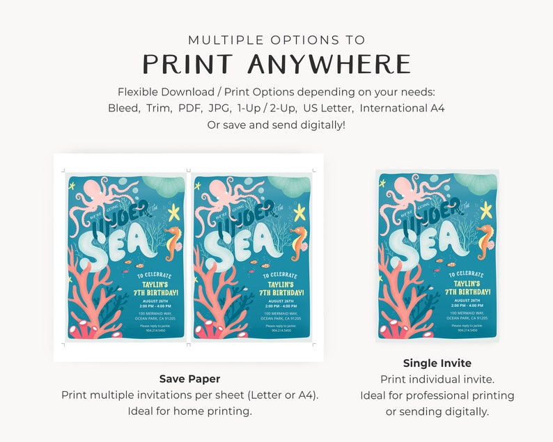 May include: Printable invitation for a 7th birthday party with an under the sea theme. The invitation features an octopus, seahorse, coral, and starfish. The text on the invitation reads "To Celebrate Taylin's 7th Birthday!"