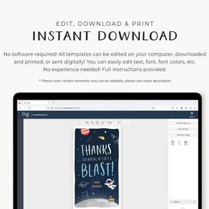 May include: A computer screen displaying a digital template for a thank you card. The card features a cartoon astronaut with a rocket ship and the text "Thanks for making my party a blast!" with a space theme background.