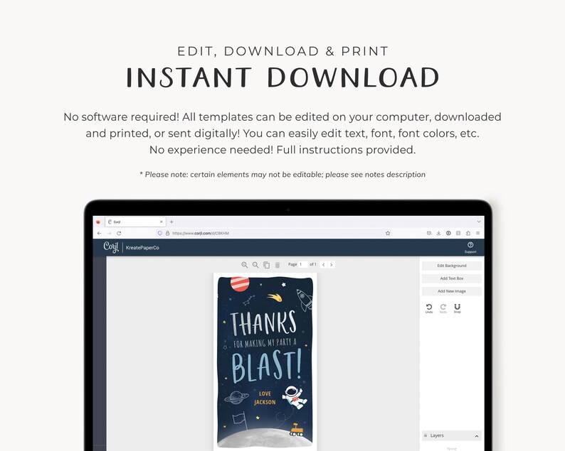May include: A computer screen displaying a digital template for a thank you card. The card features a cartoon astronaut with a rocket ship and the text "Thanks for making my party a blast!" with a space theme background.