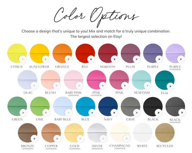 May include: A colour chart displaying a range of shades, such as citrus, sunflower, orange, red, maroon, plum, purple, lilac, blush, baby pink, pink, seafoam, teal, green, lime, baby blue, blue, navy, grey, black, bronze, copper, gold, silver, champagne, white, and recycled. Text reads "Color Options".
