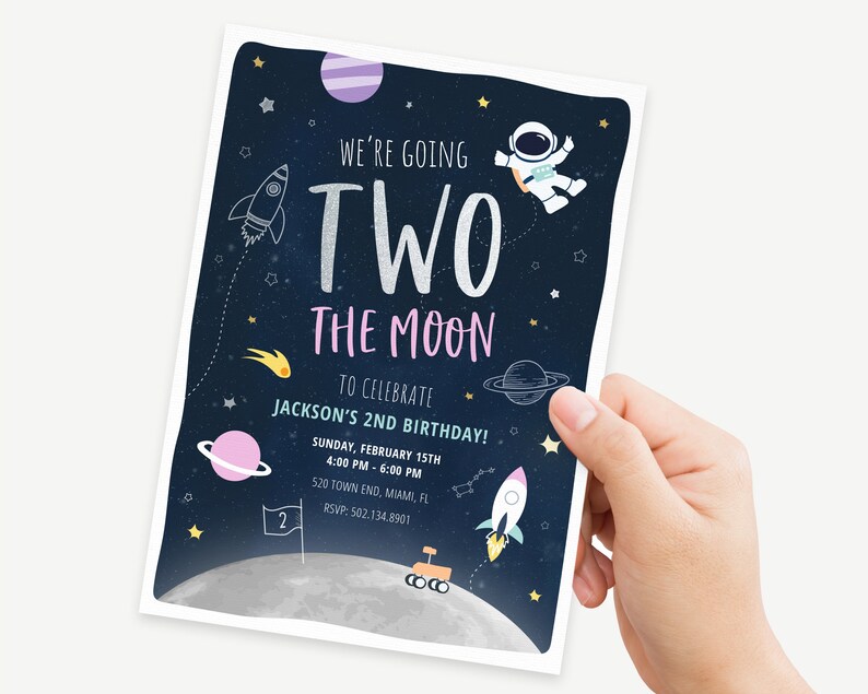 May include: A blue and white space-themed birthday invitation with a rocket, astronaut, and planets. The text reads "We're going two the moon to celebrate Jackson's 2nd birthday!" with the date, time, and location.