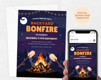 Invitación a la hoguera del patio trasero, cumpleaños de la fogata del jardín trasero invitar a niños adultos amigos fuego de camping, descarga instantánea, editable #KP076
