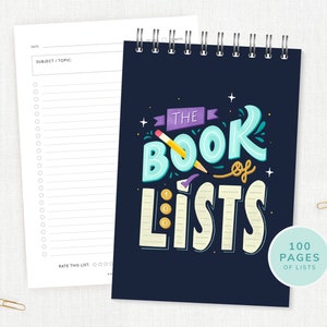 May include: A blue spiral bound notebook with the text "The Book of Lists" in colorful, stylized lettering. The notebook has 100 pages and is perfect for making lists.