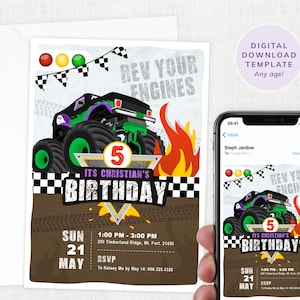 Monster Truck uitnodiging, Monster Truck verjaardag nodigt uit, Monster Jam Party, auto thema, Instant Download, digitaal, afdrukbaar, elke leeftijd #KP042