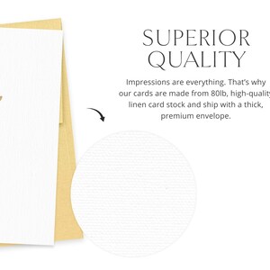 May include: A white card with a gold heart detail, inside a gold envelope. The image includes text that reads "SUPERIOR QUALITY" and describes the card stock and envelope.