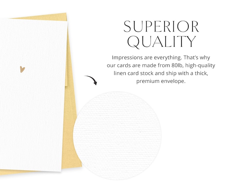 May include: A white card with a gold heart detail, inside a gold envelope. The image includes text that reads "SUPERIOR QUALITY" and describes the card stock and envelope.