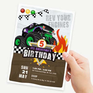 May include: A birthday invitation featuring a green monster truck with purple accents, flames, and checkered flags. The text reads "Rev Your Engines" and "It's Christian's 5th Birthday". The invitation includes the date, time, and location of the party.
