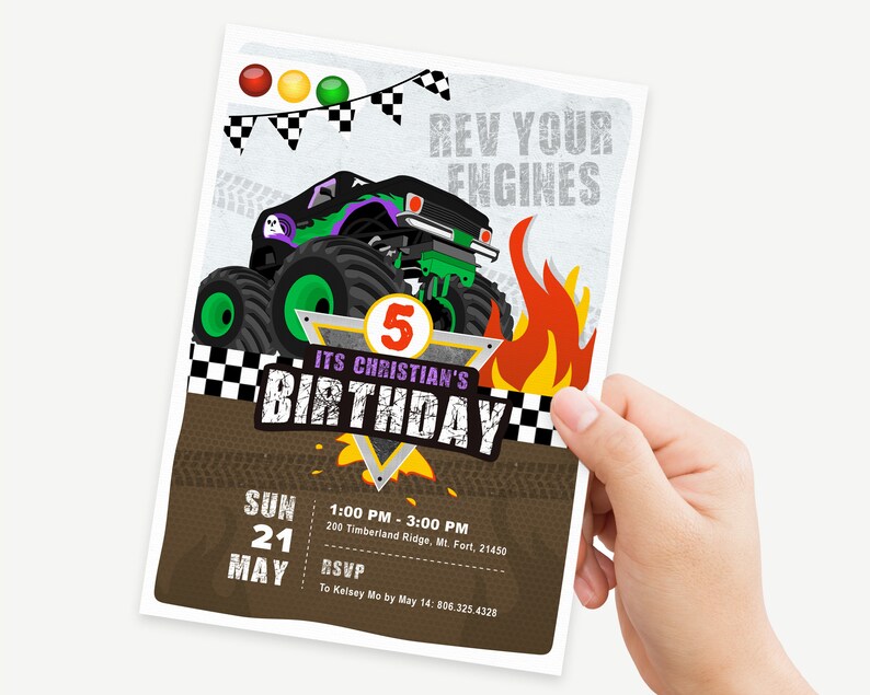 May include: A birthday invitation featuring a green monster truck with purple accents, flames, and checkered flags. The text reads "Rev Your Engines" and "It's Christian's 5th Birthday". The invitation includes the date, time, and location of the party.