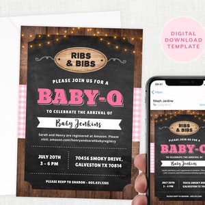 Baby-Q Invite Girl, Baby Shower Pink BBQ Invitation, Barbeque, BBQ Party, Bavaglini e costolette, Baby Q, Cospargere, Download istantaneo, Modificabile #KP098