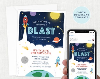 May include: A digital invitation for an 8th birthday party with a space theme. The invitation features a rocket ship, planets, and stars on a dark blue background. The text reads "We're going to have a blast! And you're invited to join us! It's Tyler's 8th Birthday! Sunday, February 15th 4:00 PM - 6:00 PM 520 West End Drive Los Angeles, CA 90210 R.S.V.P to Kelly: 502.134.8901"