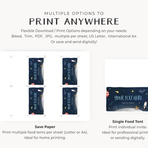 May include: Printable food tent template with a space theme. The template features a rocket, planets, and stars on a dark blue background. The text "Your Text Here" is included on the template.