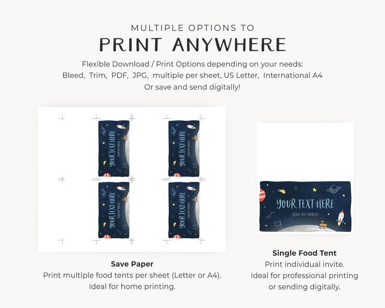 May include: Printable food tent template with a space theme. The template features a rocket, planets, and stars on a dark blue background. The text "Your Text Here" is included on the template.