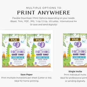 May include: Two printable dinosaur birthday party invitations with a green dinosaur wearing a bow tie and a purple hat. The invitations say "Please join us for a roaring good time!" and include the child's name, age, and party details.