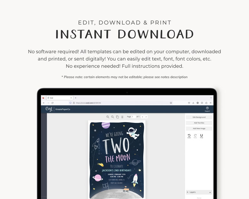 May include: A computer screen displaying a website with a customizable invitation template for a child's second birthday party. The invitation features a cartoon astronaut and the text "We're going two the moon".